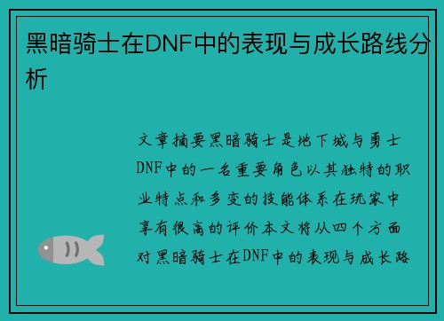 黑暗骑士在DNF中的表现与成长路线分析