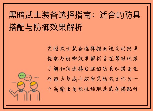 黑暗武士装备选择指南：适合的防具搭配与防御效果解析