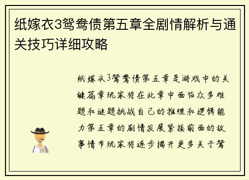 纸嫁衣3鸳鸯债第五章全剧情解析与通关技巧详细攻略